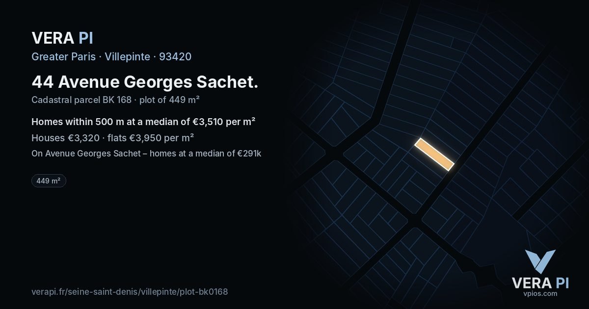 44 Avenue Georges Sachet, Villepinte at night – the plot lit, the parcels around coloured by the prices near them