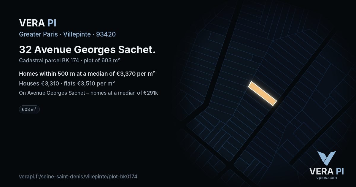 32 Avenue Georges Sachet, Villepinte at night – the plot lit, the parcels around coloured by the prices near them