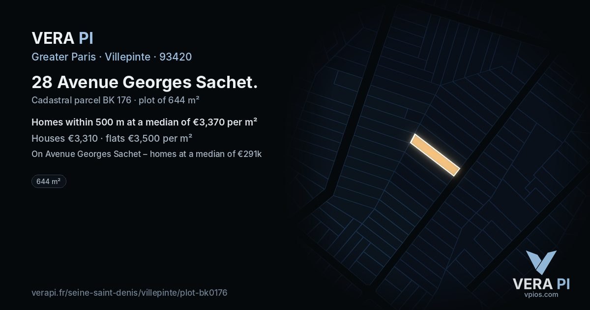 28 Avenue Georges Sachet, Villepinte at night – the plot lit, the parcels around coloured by the prices near them