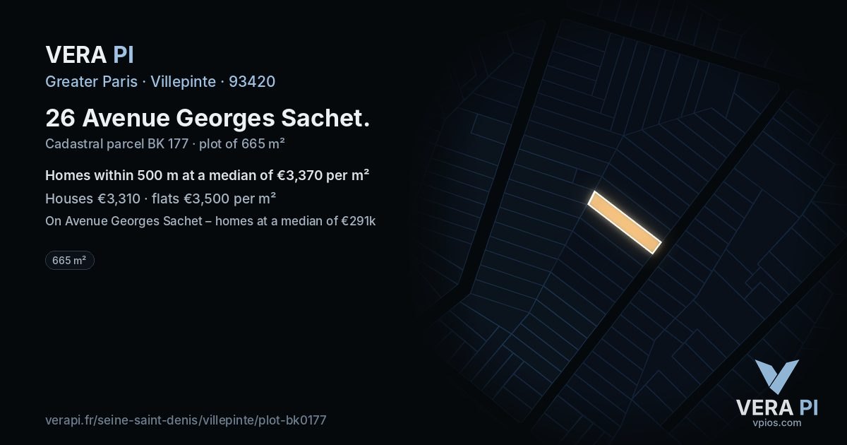 26 Avenue Georges Sachet, Villepinte at night – the plot lit, the parcels around coloured by the prices near them