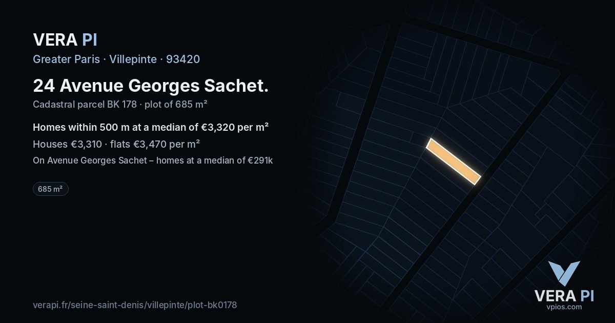 24 Avenue Georges Sachet, Villepinte at night – the plot lit, the parcels around coloured by the prices near them