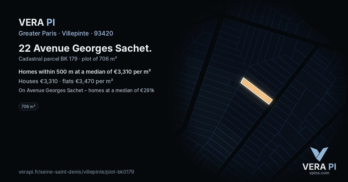 22 Avenue Georges Sachet, Villepinte at night – the plot lit, the parcels around coloured by the prices near them