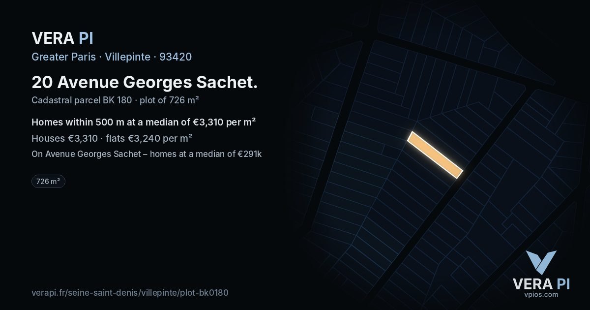 20 Avenue Georges Sachet, Villepinte at night – the plot lit, the parcels around coloured by the prices near them