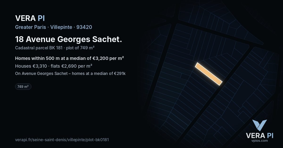 18 Avenue Georges Sachet, Villepinte at night – the plot lit, the parcels around coloured by the prices near them