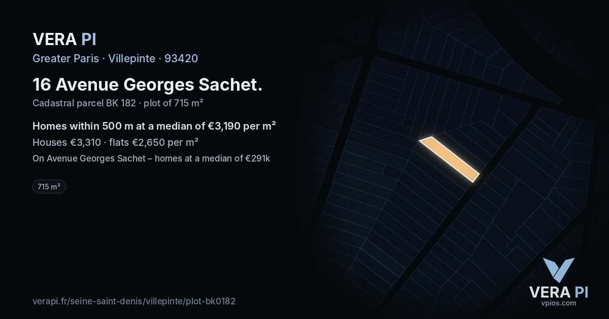 16 Avenue Georges Sachet, Villepinte at night – the plot lit, the parcels around coloured by the prices near them