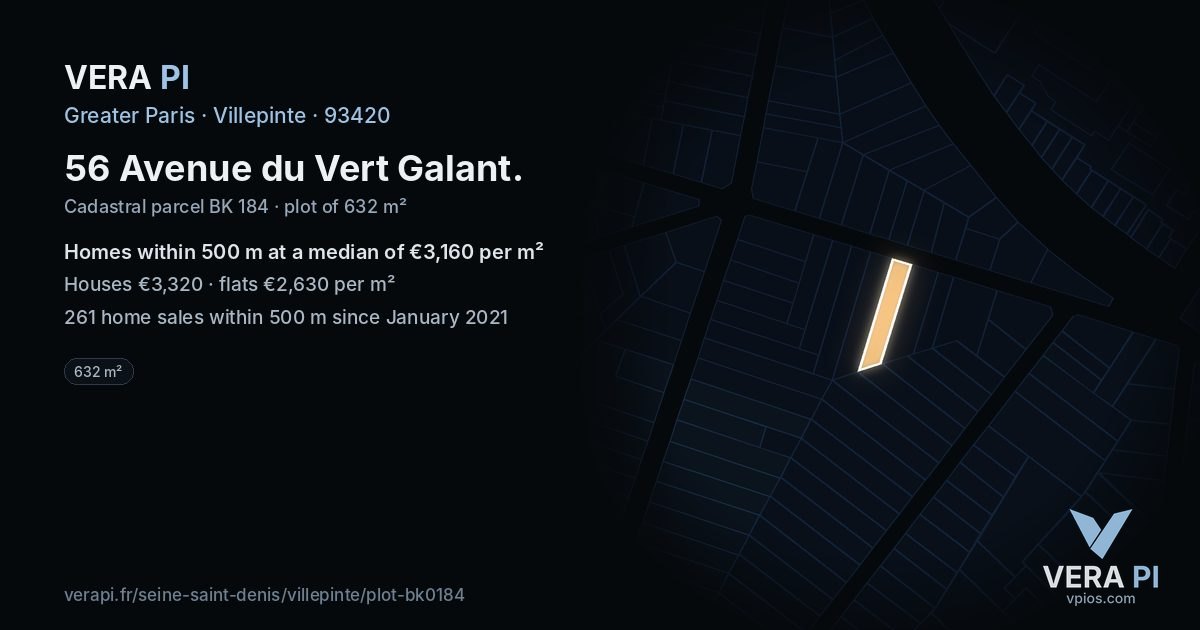 56 Avenue du Vert Galant, Villepinte at night – the plot lit, the parcels around coloured by the prices near them