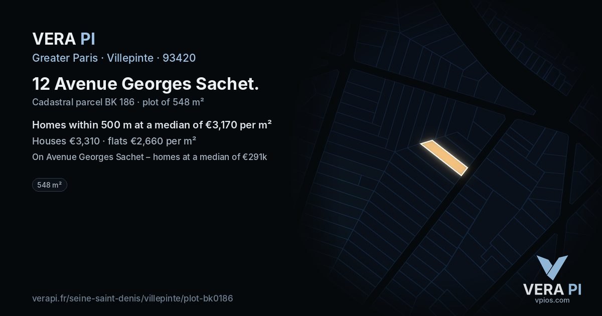 12 Avenue Georges Sachet, Villepinte at night – the plot lit, the parcels around coloured by the prices near them