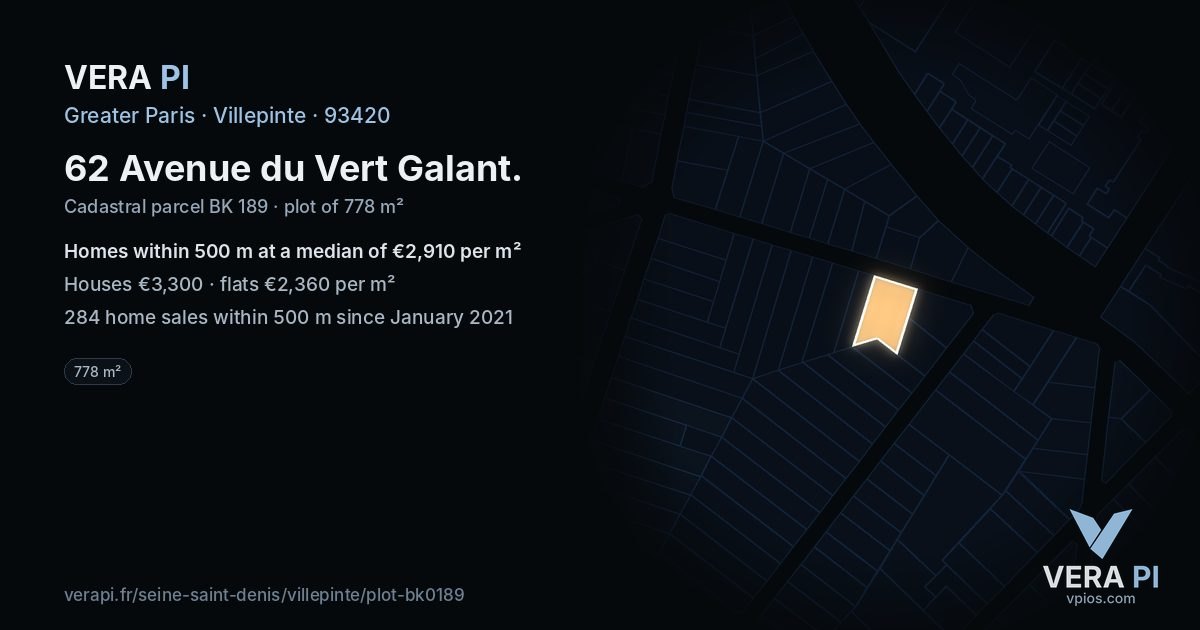 62 Avenue du Vert Galant, Villepinte at night – the plot lit, the parcels around coloured by the prices near them