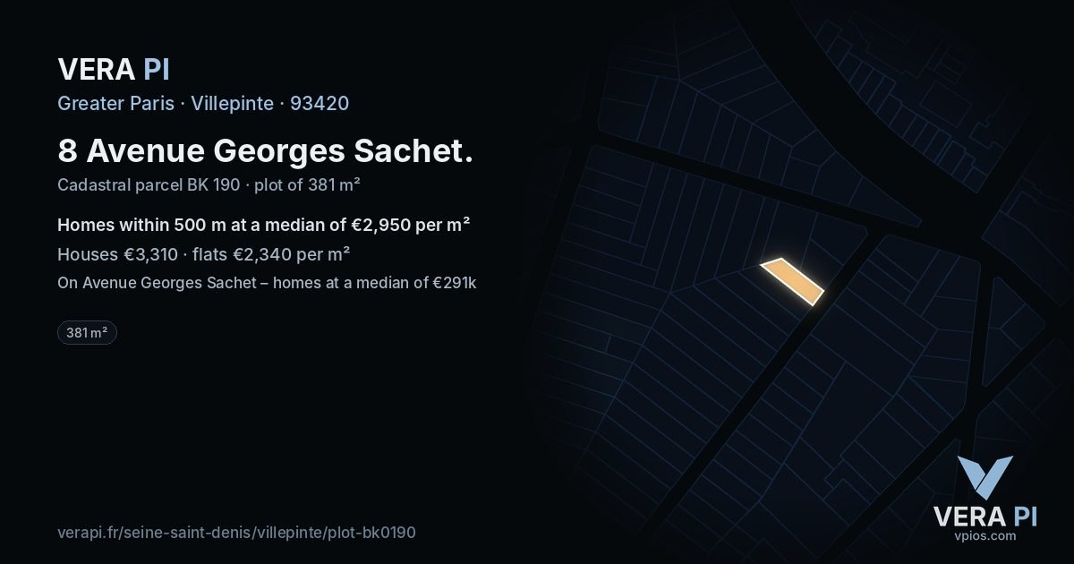 8 Avenue Georges Sachet, Villepinte at night – the plot lit, the parcels around coloured by the prices near them