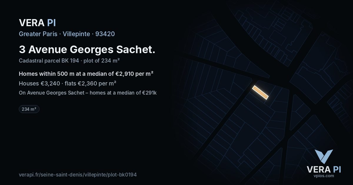 3 Avenue Georges Sachet, Villepinte at night – the plot lit, the parcels around coloured by the prices near them