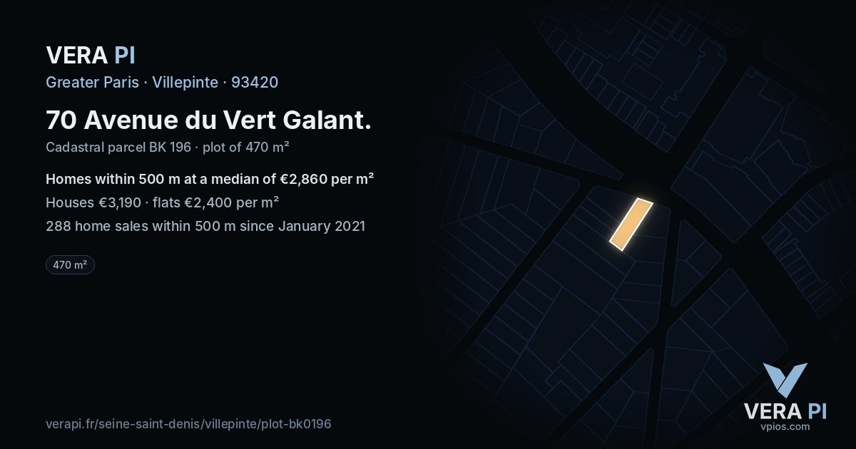 70 Avenue du Vert Galant, Villepinte at night – the plot lit, the parcels around coloured by the prices near them