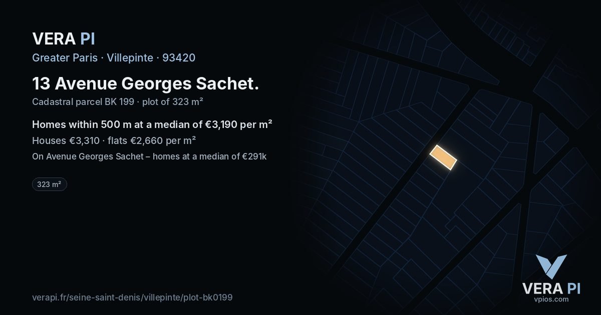 13 Avenue Georges Sachet, Villepinte at night – the plot lit, the parcels around coloured by the prices near them