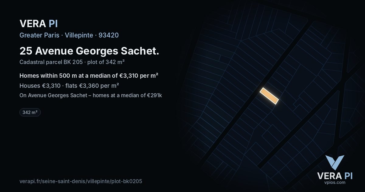 25 Avenue Georges Sachet, Villepinte at night – the plot lit, the parcels around coloured by the prices near them