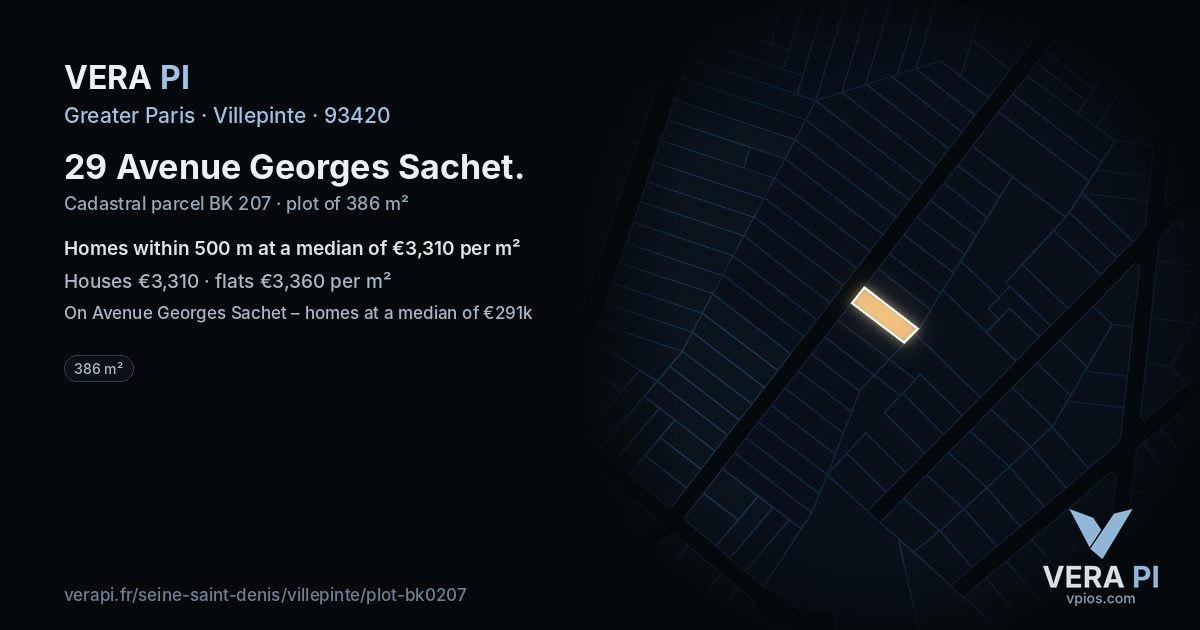 29 Avenue Georges Sachet, Villepinte at night – the plot lit, the parcels around coloured by the prices near them