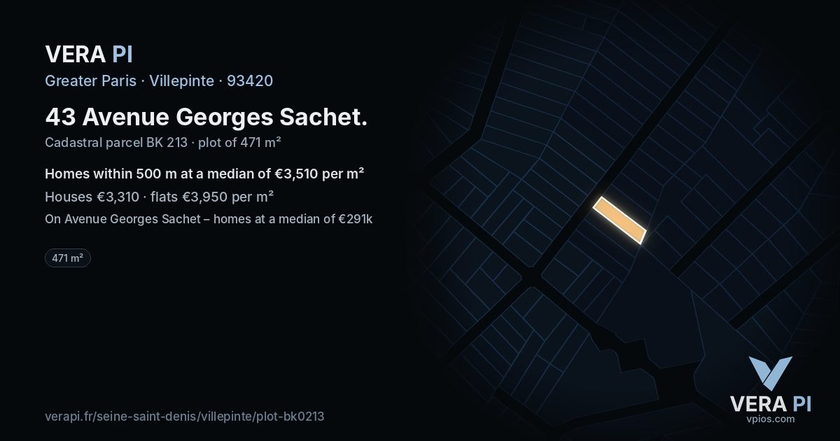 43 Avenue Georges Sachet, Villepinte at night – the plot lit, the parcels around coloured by the prices near them