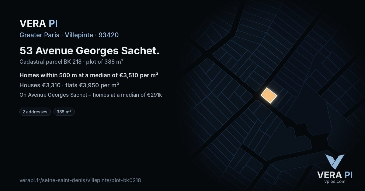 53 Avenue Georges Sachet, Villepinte at night – the plot lit, the parcels around coloured by the prices near them