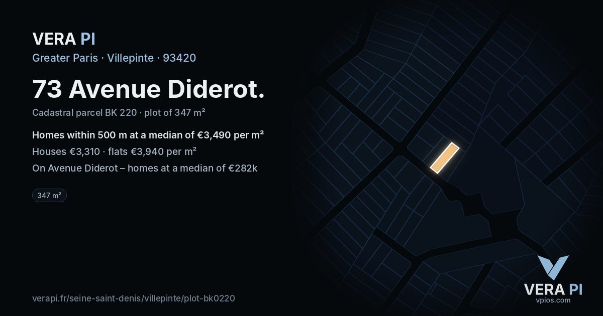73 Avenue Diderot, Villepinte at night – the plot lit, the parcels around coloured by the prices near them