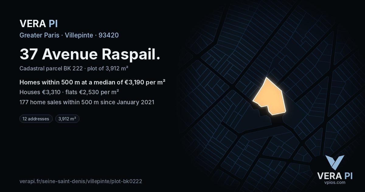 37 Avenue Raspail, Villepinte at night – the plot lit, the parcels around coloured by the prices near them