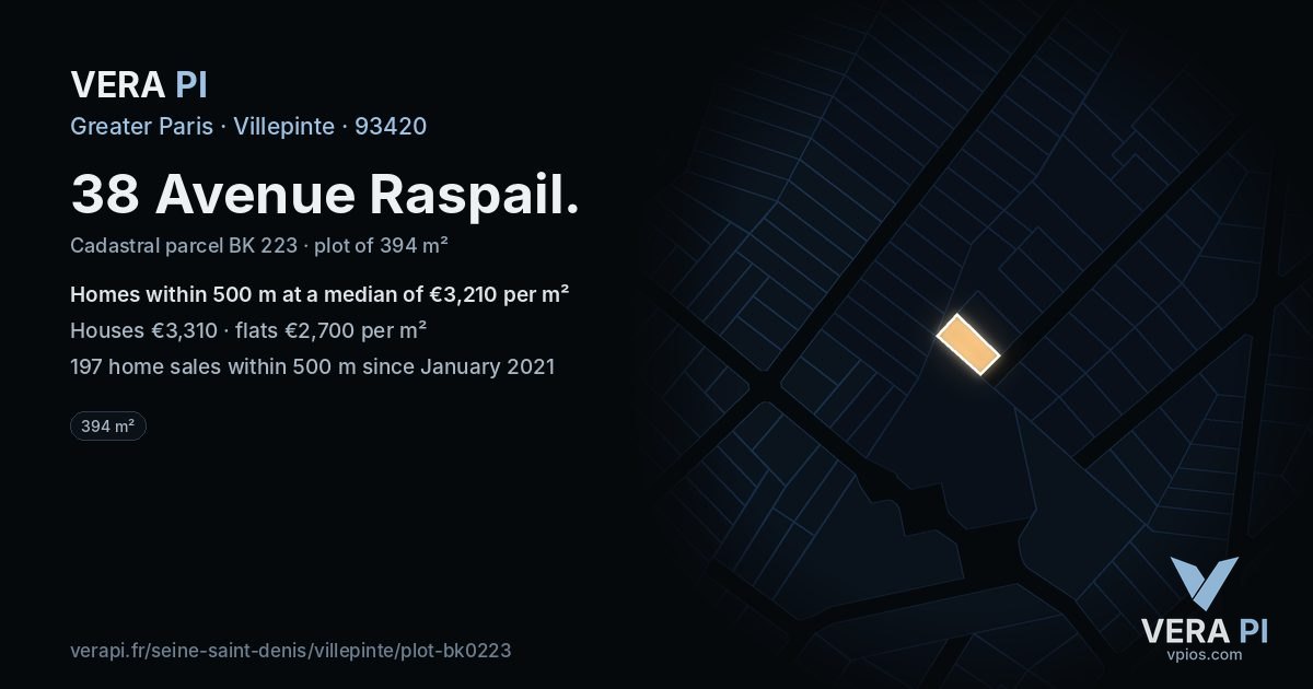 38 Avenue Raspail, Villepinte at night – the plot lit, the parcels around coloured by the prices near them