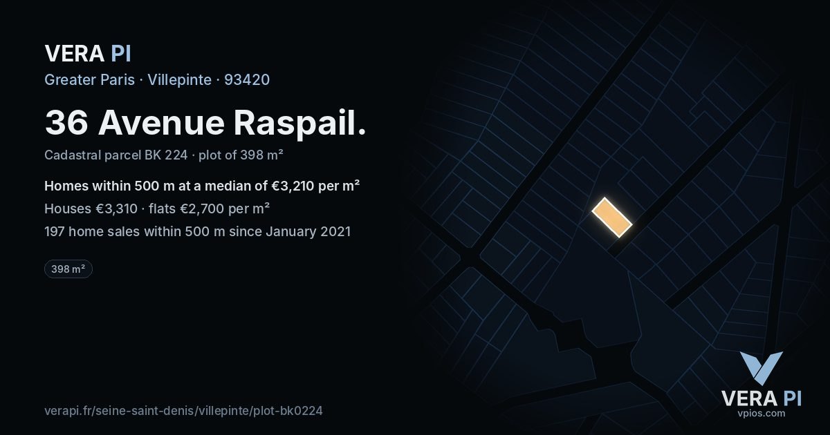 36 Avenue Raspail, Villepinte at night – the plot lit, the parcels around coloured by the prices near them