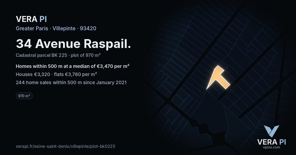 34 Avenue Raspail, Villepinte at night – the plot lit, the parcels around coloured by the prices near them