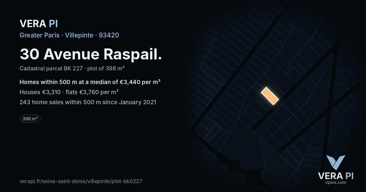 30 Avenue Raspail, Villepinte at night – the plot lit, the parcels around coloured by the prices near them
