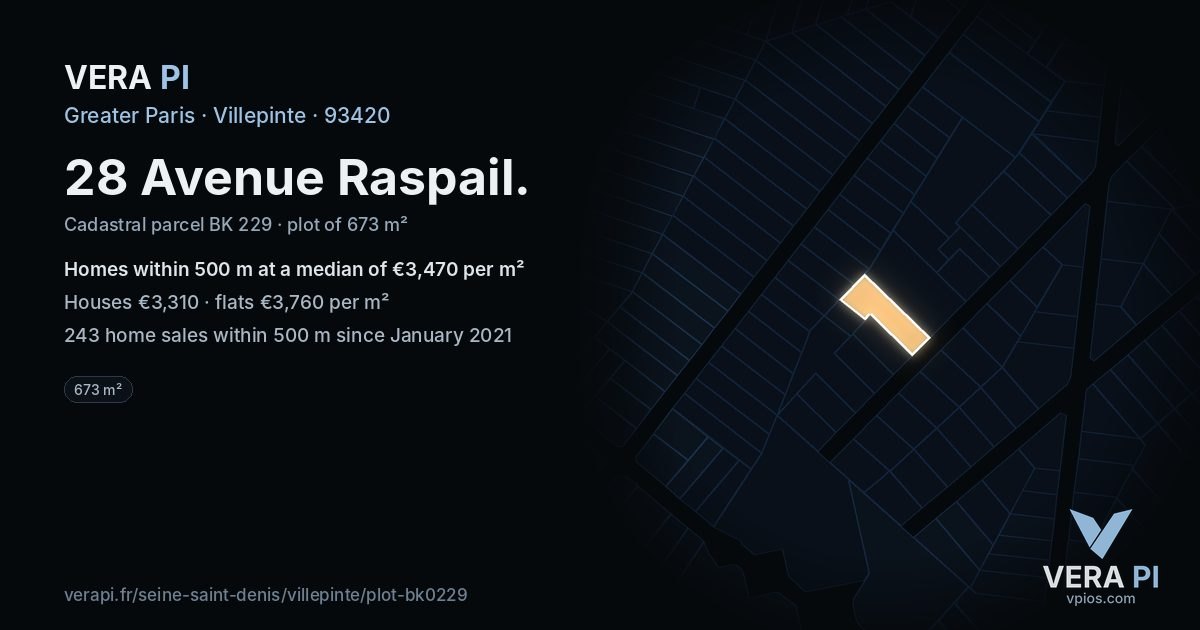 28 Avenue Raspail, Villepinte at night – the plot lit, the parcels around coloured by the prices near them