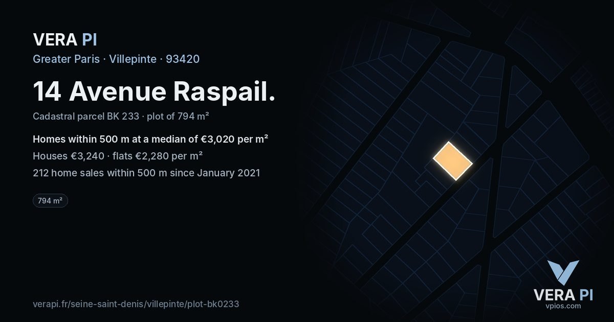 14 Avenue Raspail, Villepinte at night – the plot lit, the parcels around coloured by the prices near them