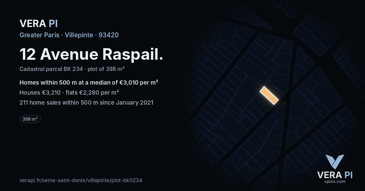 12 Avenue Raspail, Villepinte at night – the plot lit, the parcels around coloured by the prices near them