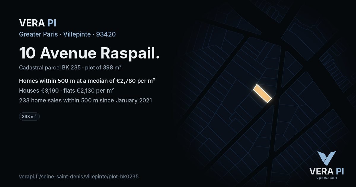 10 Avenue Raspail, Villepinte at night – the plot lit, the parcels around coloured by the prices near them