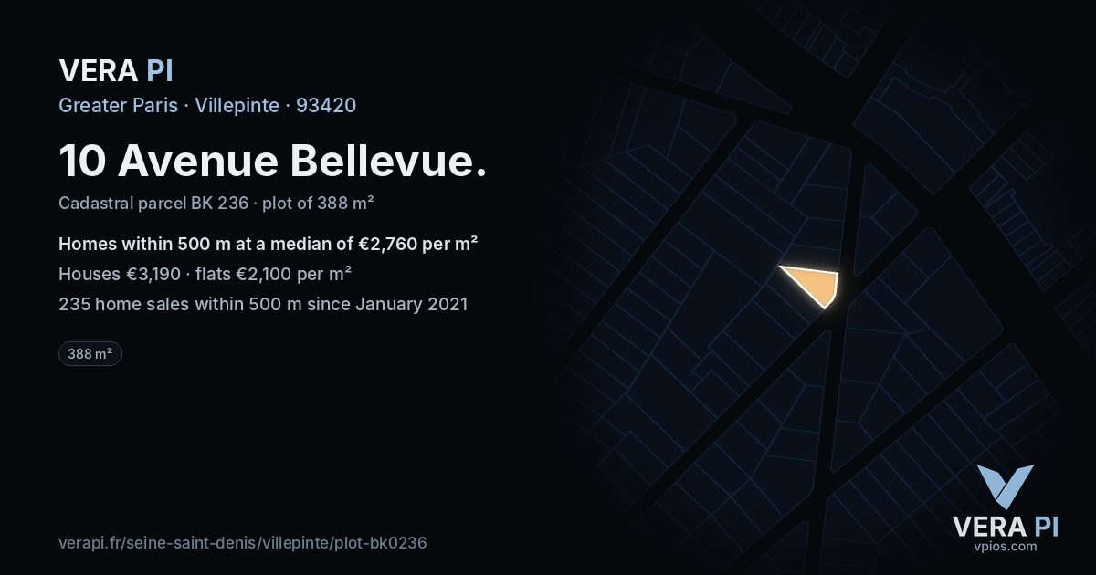 10 Avenue Bellevue, Villepinte at night – the plot lit, the parcels around coloured by the prices near them