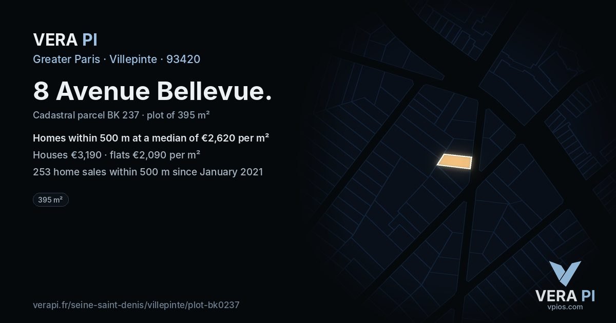 8 Avenue Bellevue, Villepinte at night – the plot lit, the parcels around coloured by the prices near them