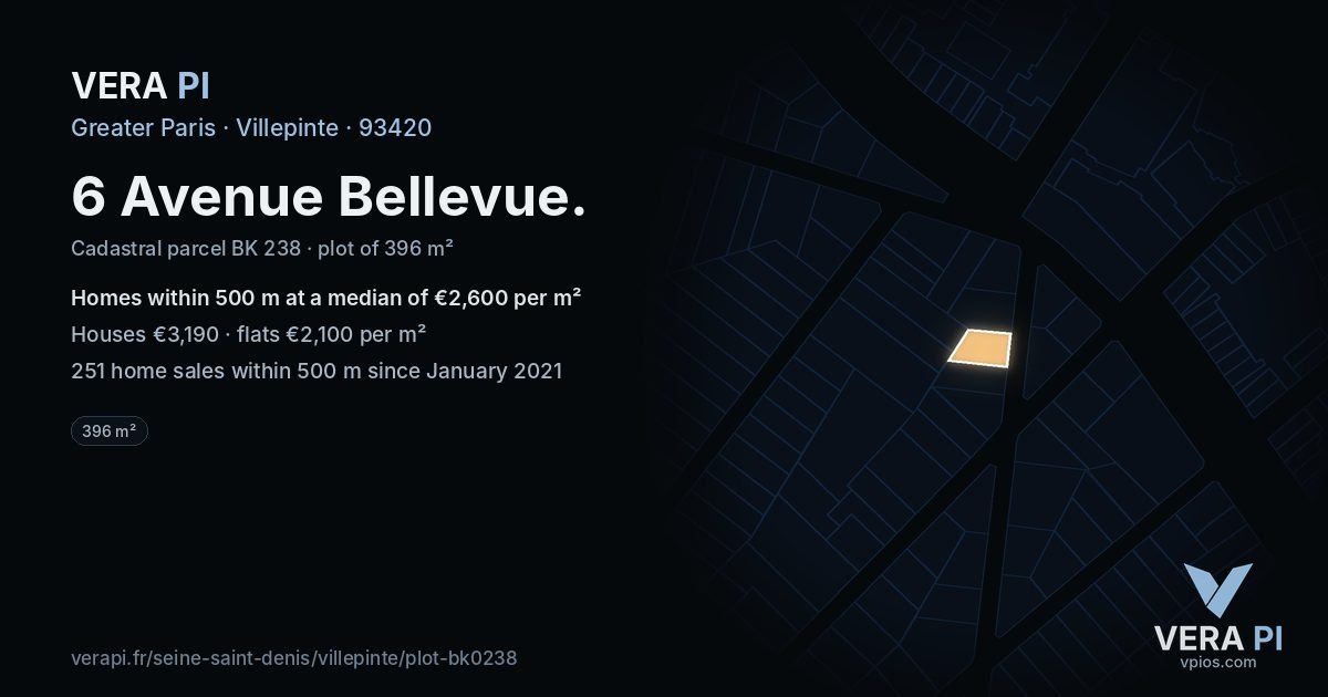 6 Avenue Bellevue, Villepinte at night – the plot lit, the parcels around coloured by the prices near them