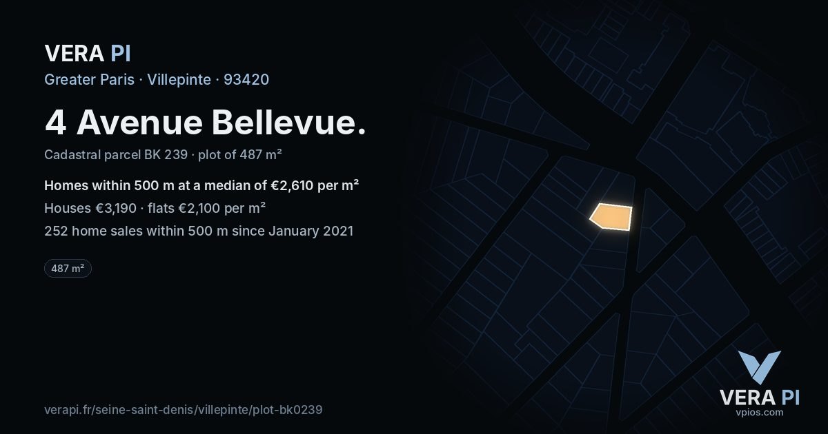 4 Avenue Bellevue, Villepinte at night – the plot lit, the parcels around coloured by the prices near them