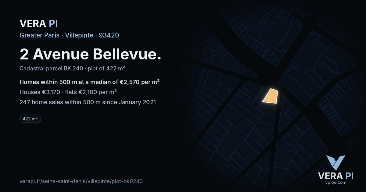 2 Avenue Bellevue, Villepinte at night – the plot lit, the parcels around coloured by the prices near them