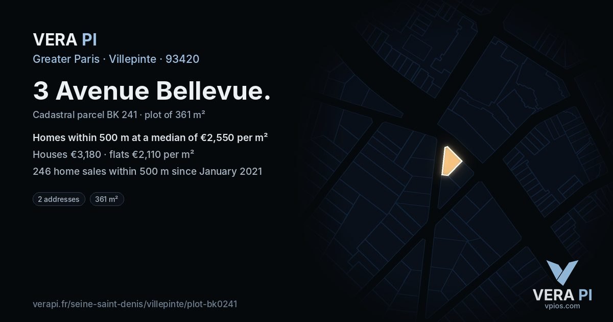 3 Avenue Bellevue, Villepinte at night – the plot lit, the parcels around coloured by the prices near them