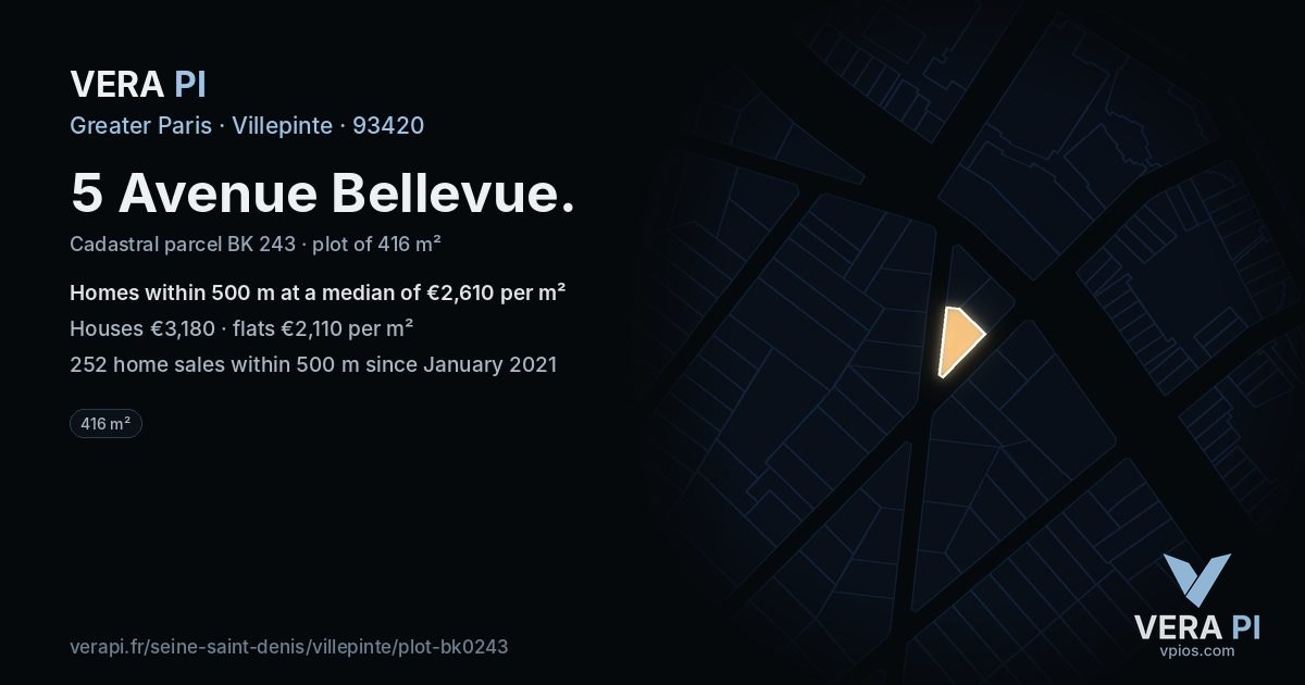 5 Avenue Bellevue, Villepinte at night – the plot lit, the parcels around coloured by the prices near them