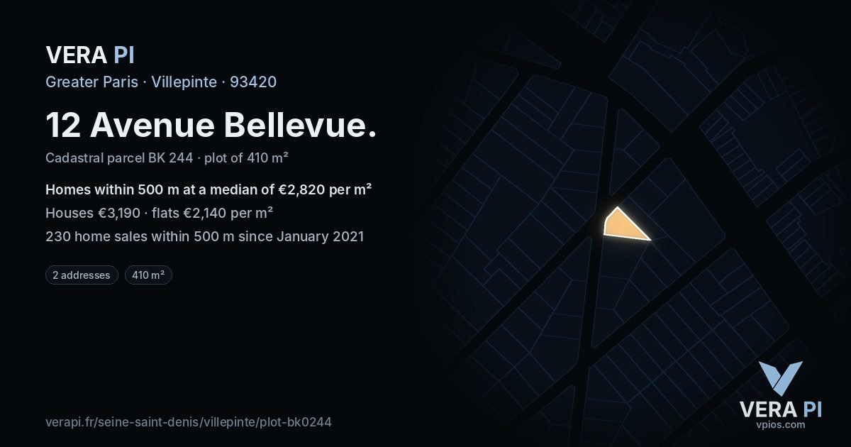 12 Avenue Bellevue, Villepinte at night – the plot lit, the parcels around coloured by the prices near them