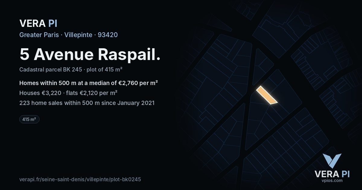 5 Avenue Raspail, Villepinte at night – the plot lit, the parcels around coloured by the prices near them