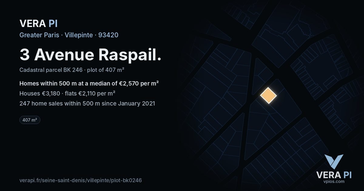 3 Avenue Raspail, Villepinte at night – the plot lit, the parcels around coloured by the prices near them
