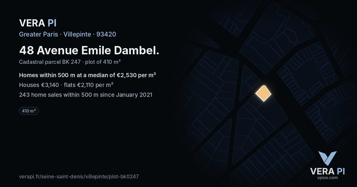 48 Avenue Emile Dambel, Villepinte at night – the plot lit, the parcels around coloured by the prices near them