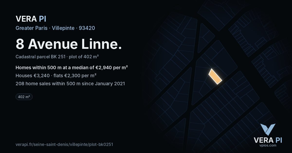 8 Avenue Linne, Villepinte at night – the plot lit, the parcels around coloured by the prices near them