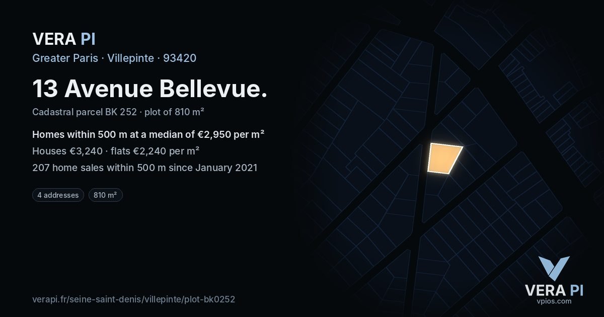 13 Avenue Bellevue, Villepinte at night – the plot lit, the parcels around coloured by the prices near them