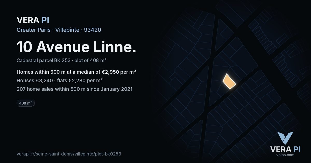 10 Avenue Linne, Villepinte at night – the plot lit, the parcels around coloured by the prices near them