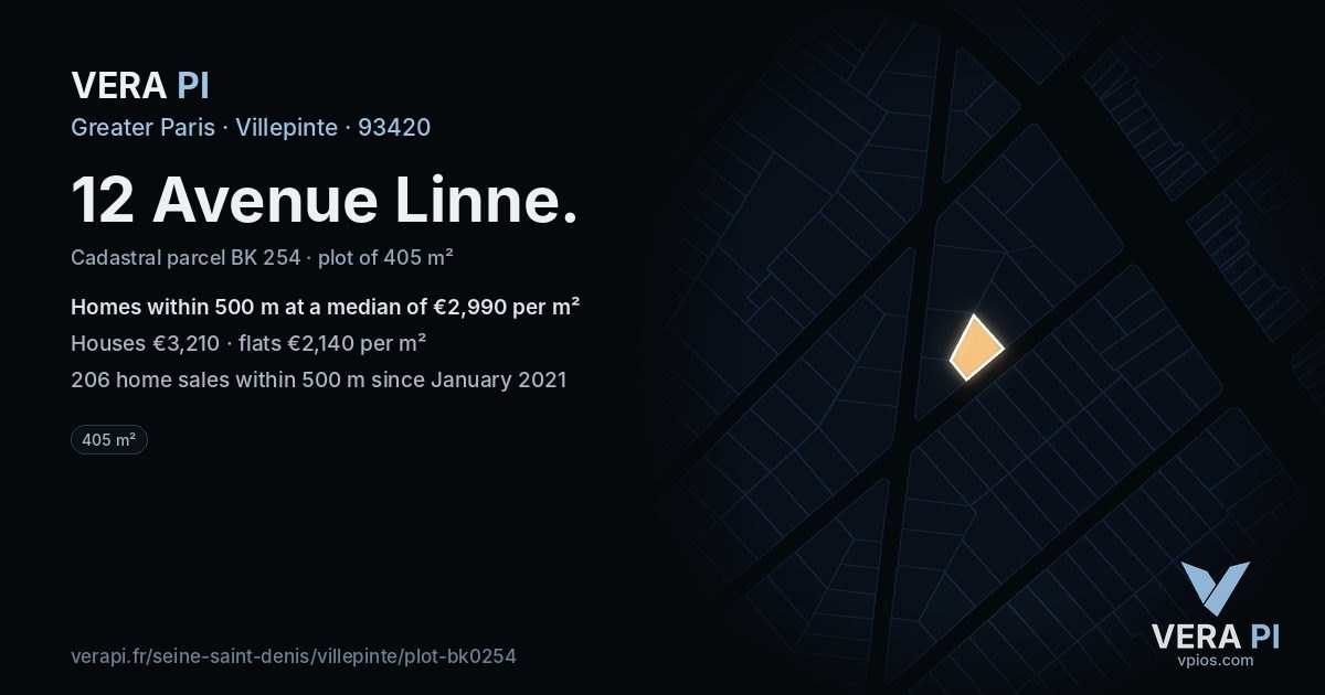 12 Avenue Linne, Villepinte at night – the plot lit, the parcels around coloured by the prices near them