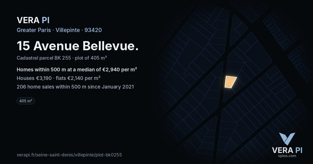 15 Avenue Bellevue, Villepinte at night – the plot lit, the parcels around coloured by the prices near them
