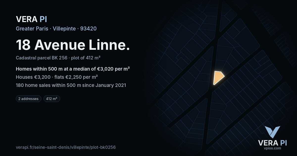 18 Avenue Linne, Villepinte at night – the plot lit, the parcels around coloured by the prices near them