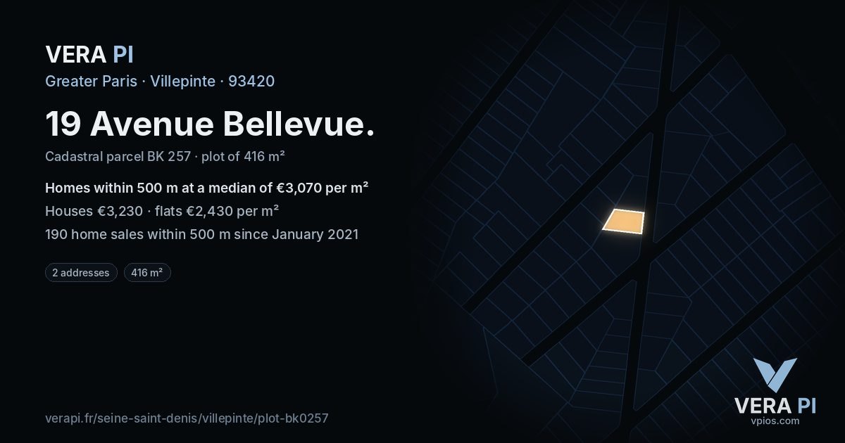 19 Avenue Bellevue, Villepinte at night – the plot lit, the parcels around coloured by the prices near them