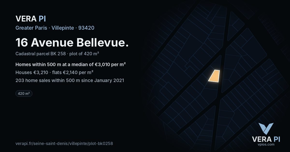16 Avenue Bellevue, Villepinte at night – the plot lit, the parcels around coloured by the prices near them