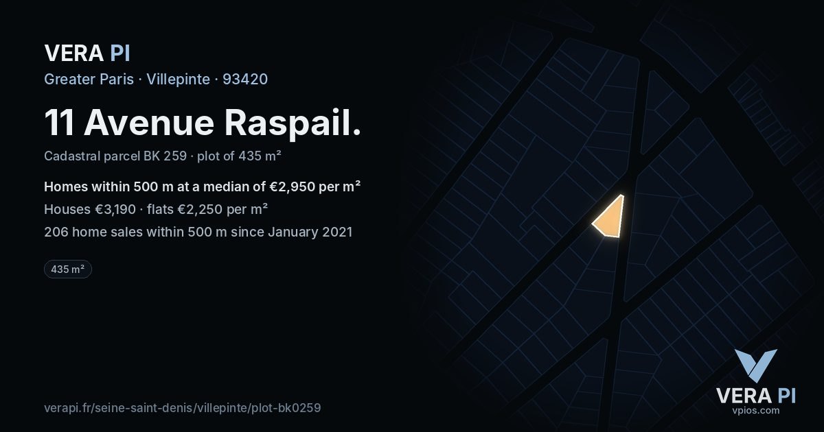 11 Avenue Raspail, Villepinte at night – the plot lit, the parcels around coloured by the prices near them